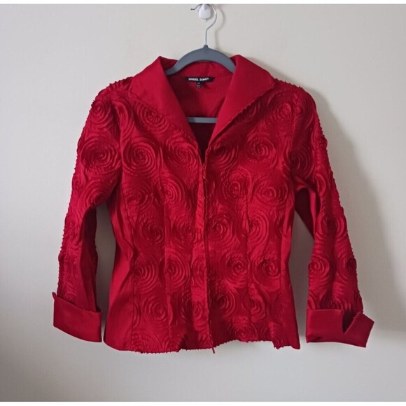 Samuel Dong Jackets & Blazers - Samuel Dong Zip Up Swirl Jacket Floral Design Embroidered Red XS